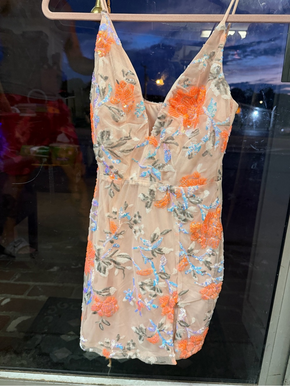 Lucy in the Sky Floral Sequin Mini Dress XS Coral Iridescent Bodycon Party